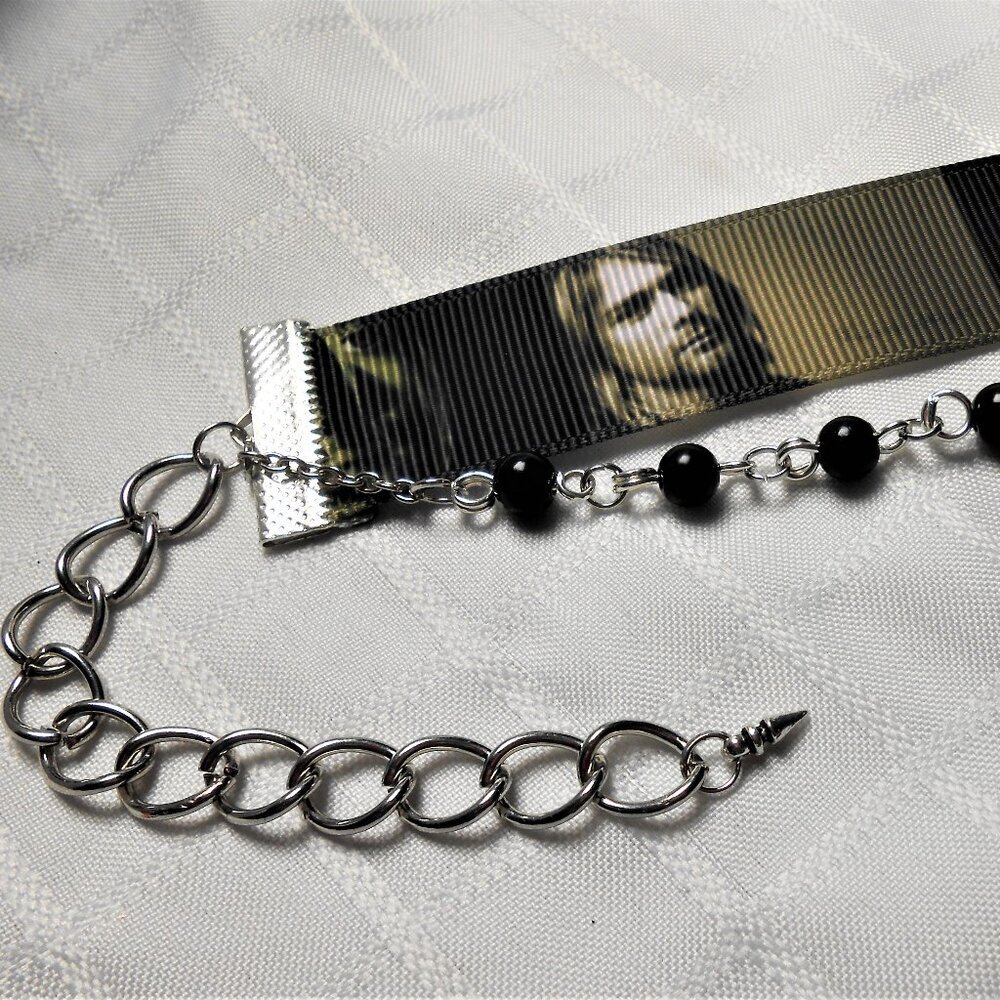 No619 Statement handmade two rows choker necklace with patterned ribbon